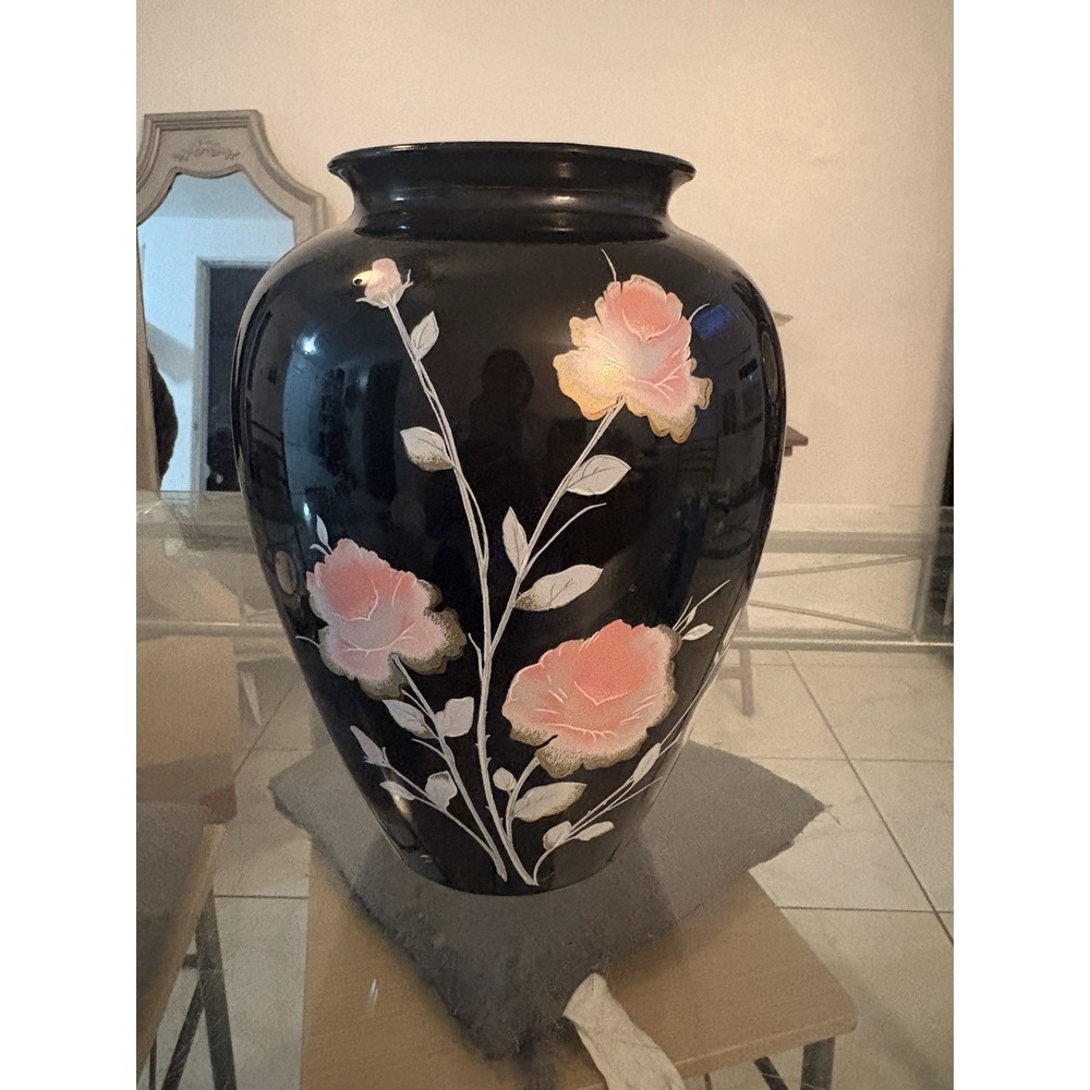 Vintage 80s Black Lacquer Style Ceramic Vase with Pink Roses Chinoiserie 10"